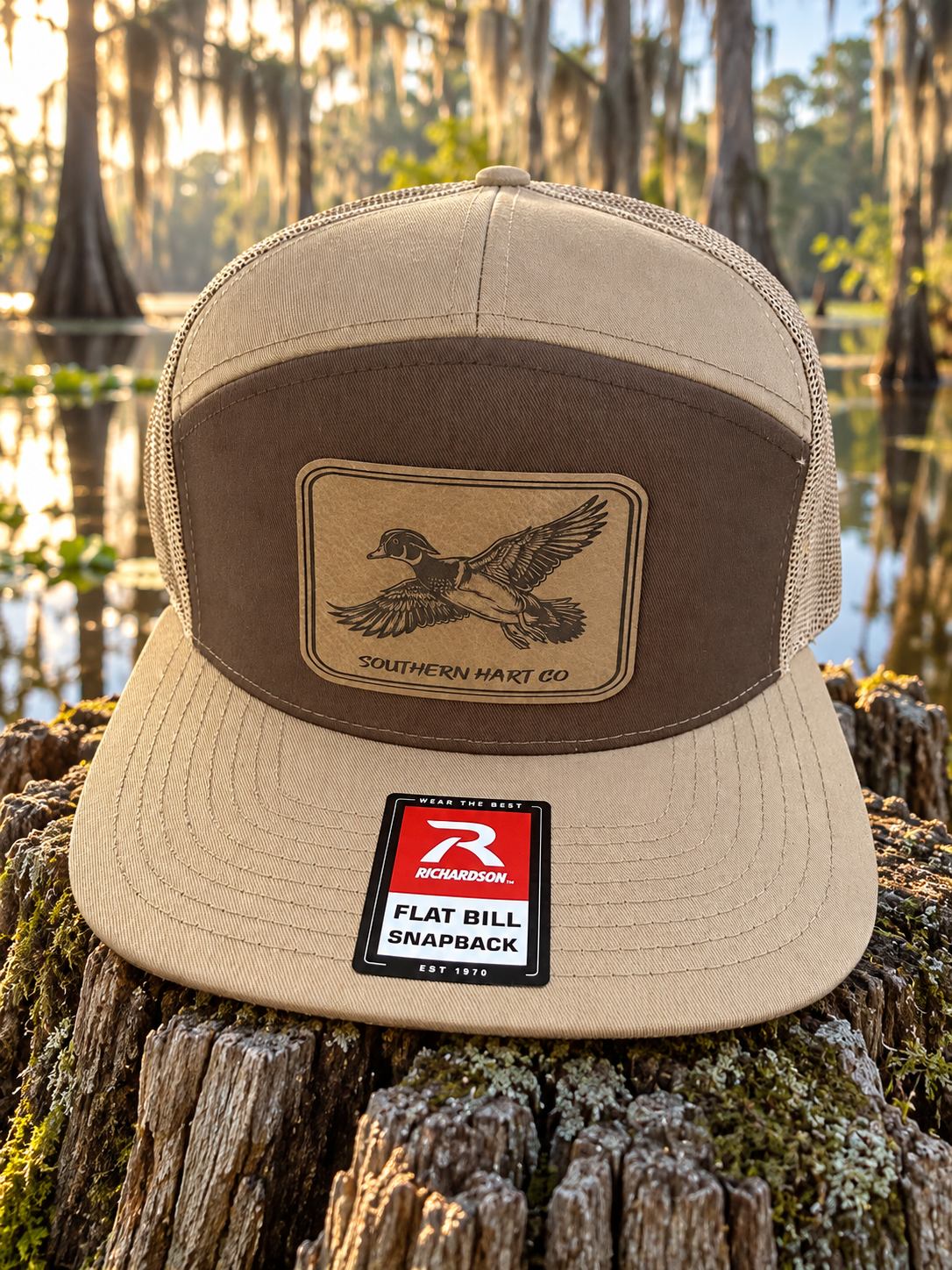 Wood Duck Patch Hat, Richardson Flat Bill Snapback, Brown and Tan Hunting Cap, Gift for Duck Hunter