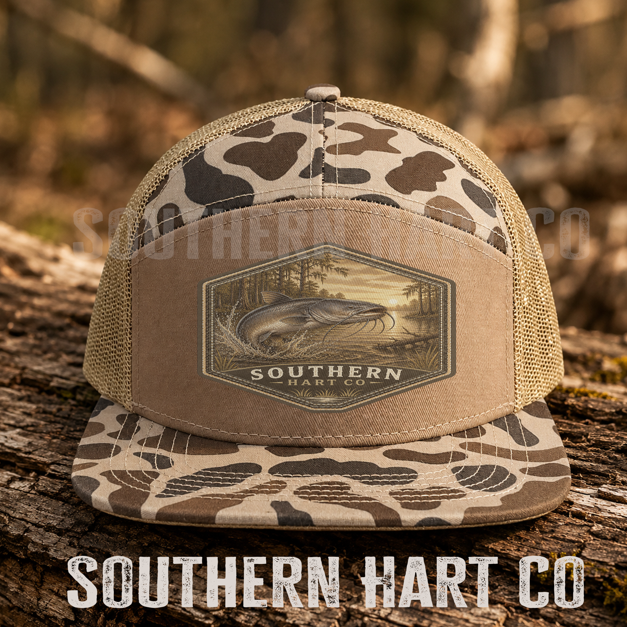 Southern Hart Co Crappie Patch Hat – Duck Camo Fishing Trucker Hat | Southern Outdoor Snapback | Fisherman Gift Hat