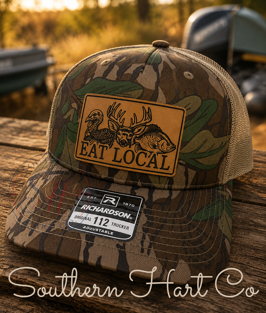 Eat Local Richardson 112 Hat | Hunting & Fishing Leather Patch Hat Product Description