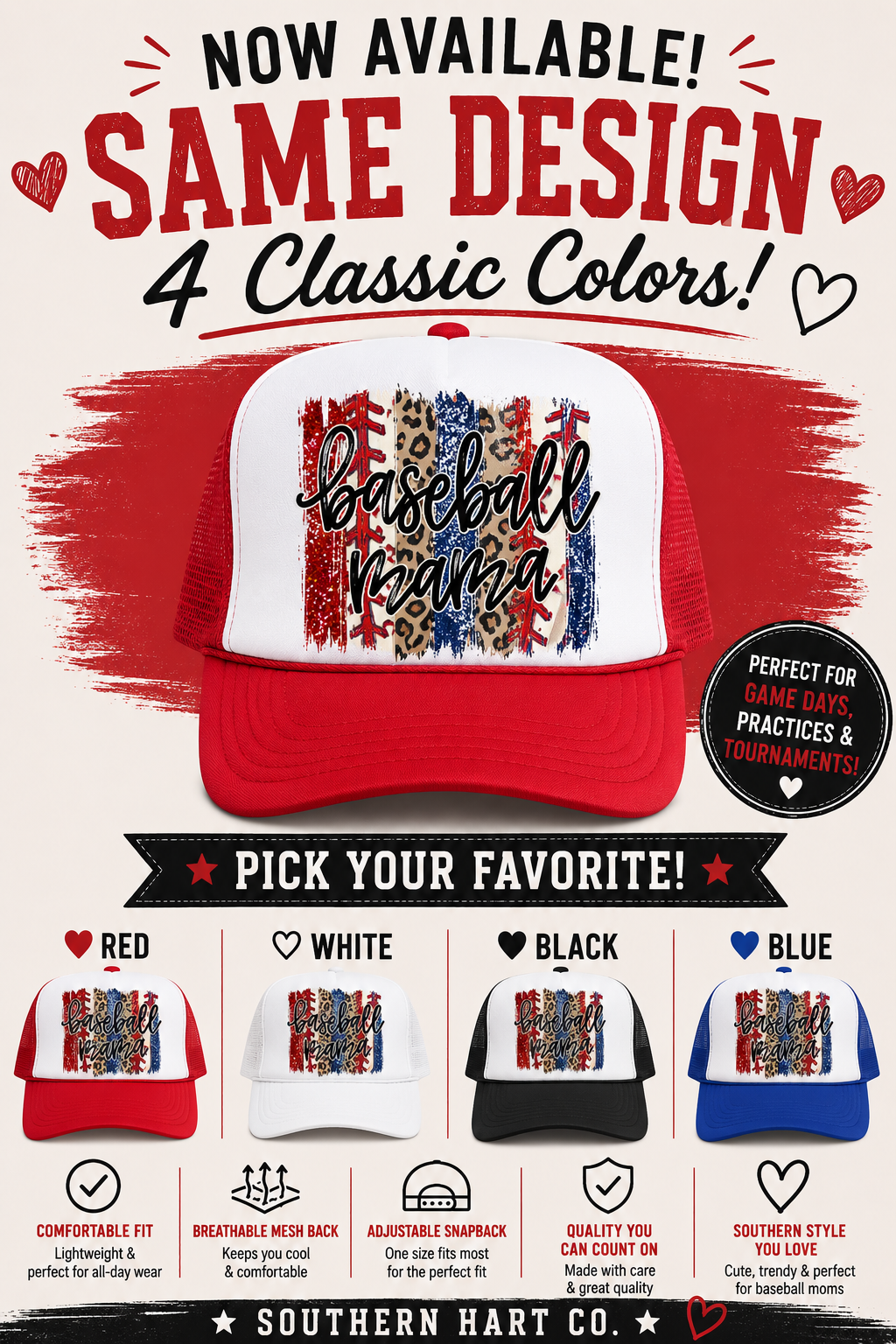 Baseball Mama Trucker Hat – 4 Color Options | Sports Mom Hat | Game Day Hat | Southern Style Cap
