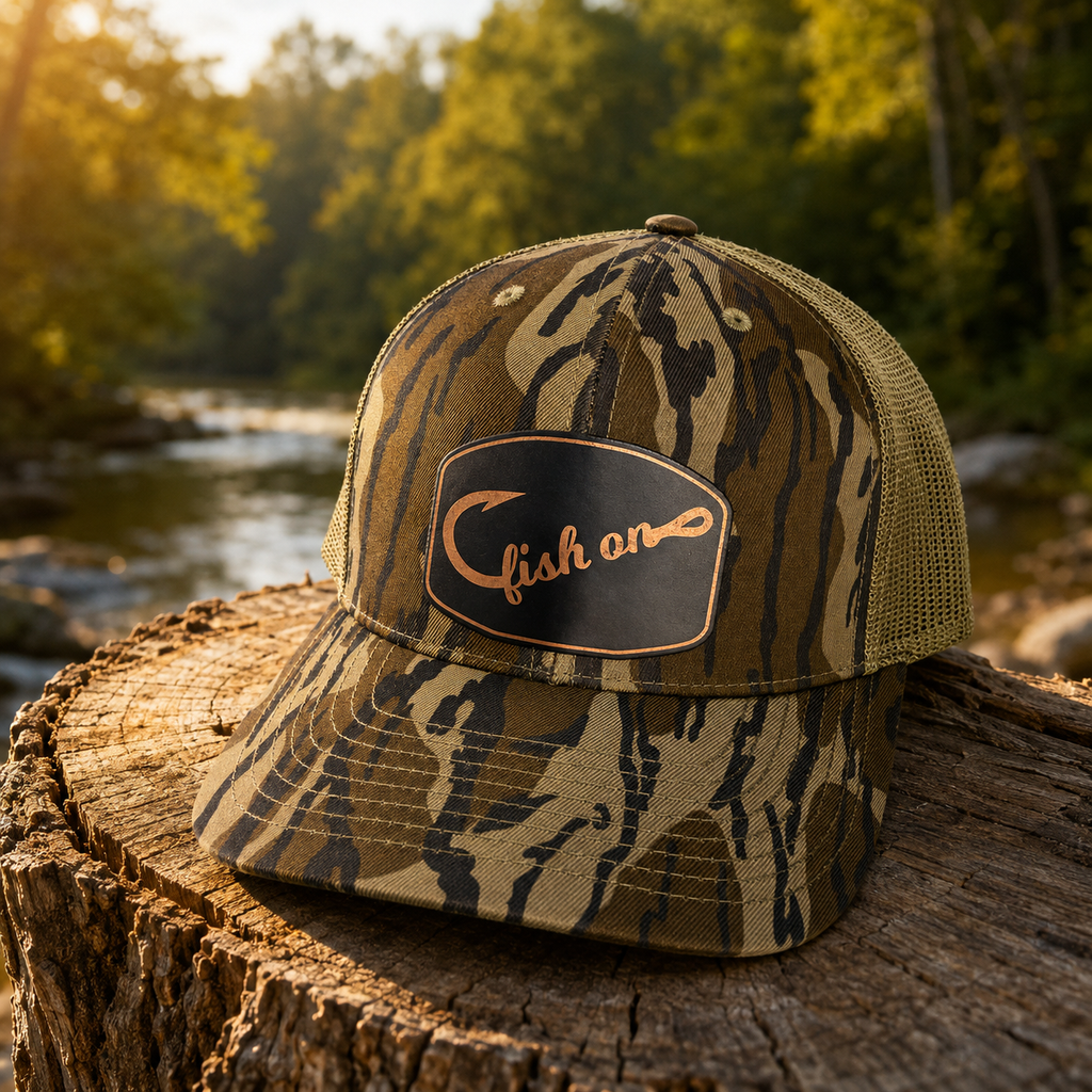 Fish On Camo Leather Patch Youth Trucker Hat | Southern Hart Co.