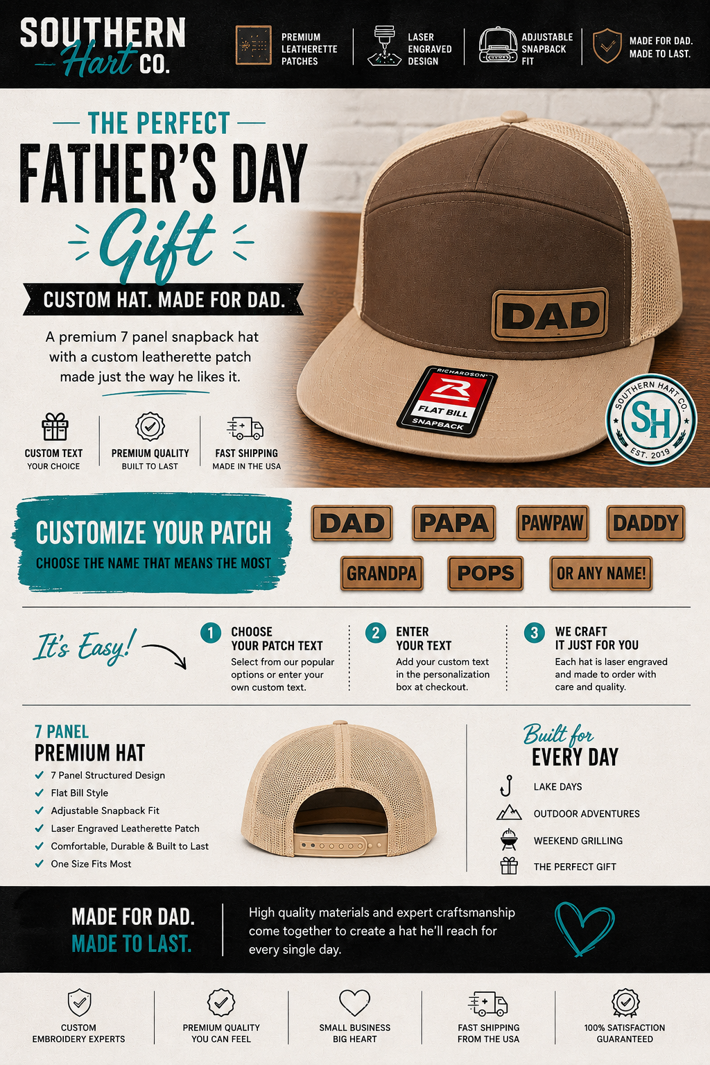 Custom Dad 7 Panel Hat | Personalized Richardson Flat Bill Snapback