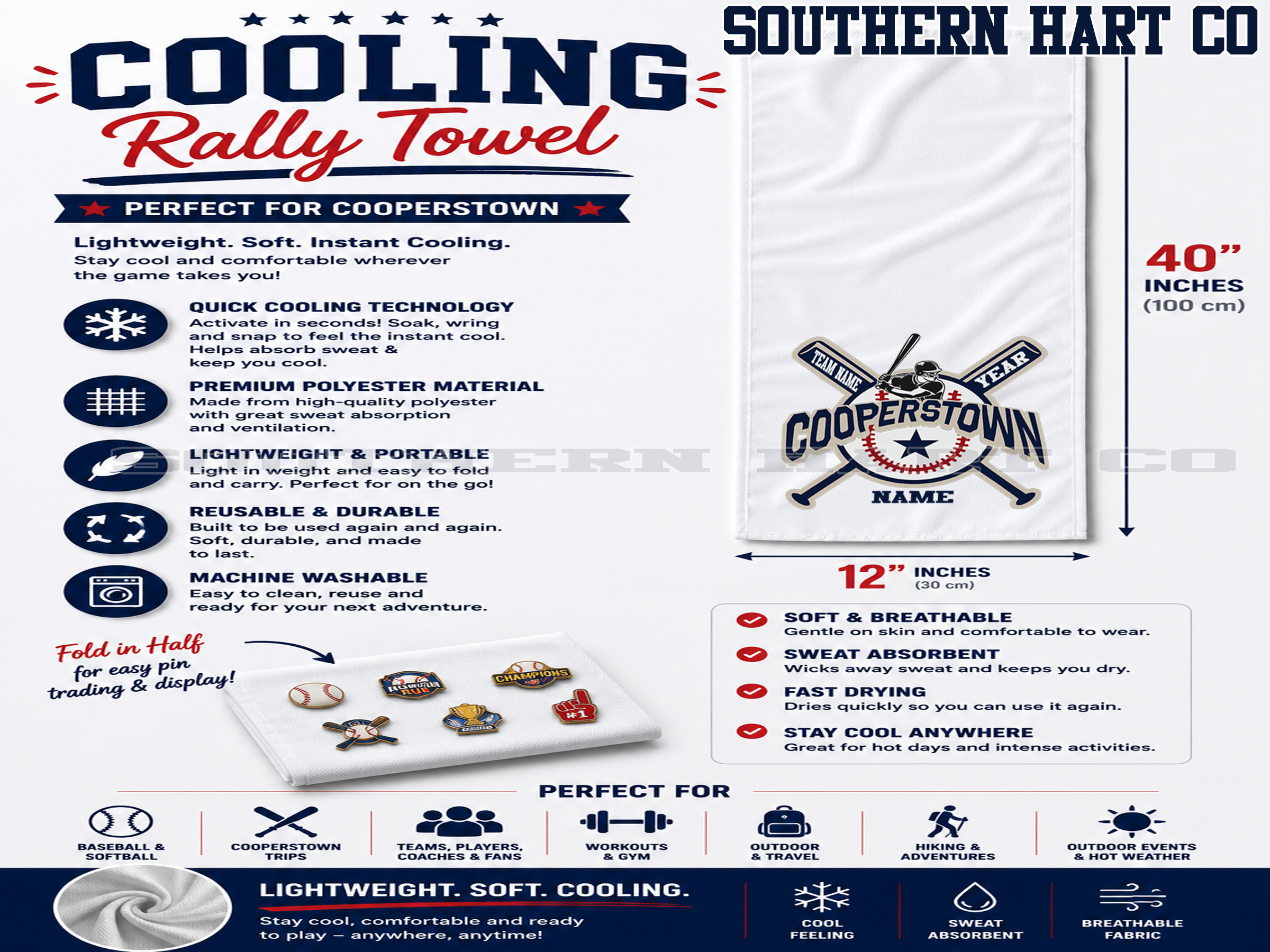 Cooperstown Cooling Towel |Cooperstown Pin  Towel |Personalized Baseball Tournament Towel