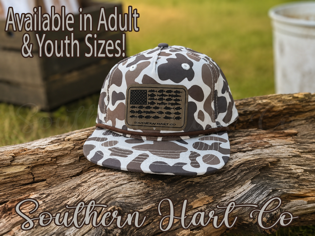 Duck Camo Fish Flag Patch Rope Hat | Rope Hat Style | Adult & Youth | Southern Fishing Hat | Custom Patch Hat