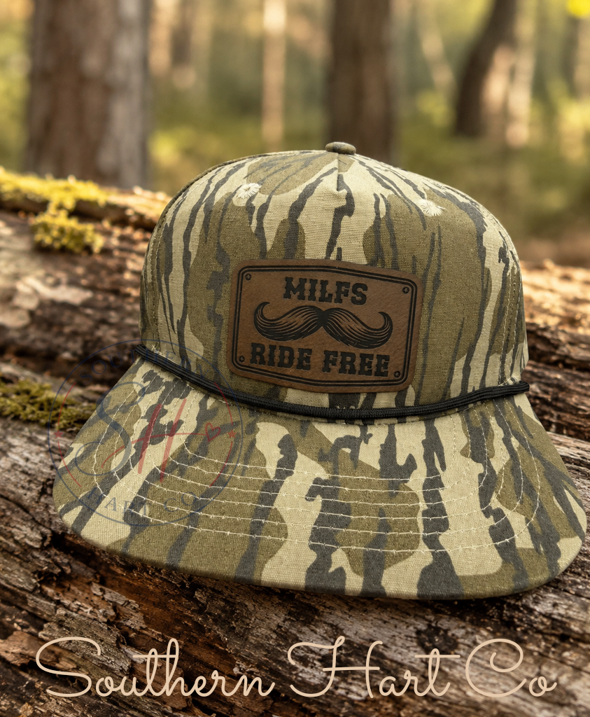 MILFS Ride Free Camo Rope Hat | Funny Hunting Hat | Leather Patch Hat
