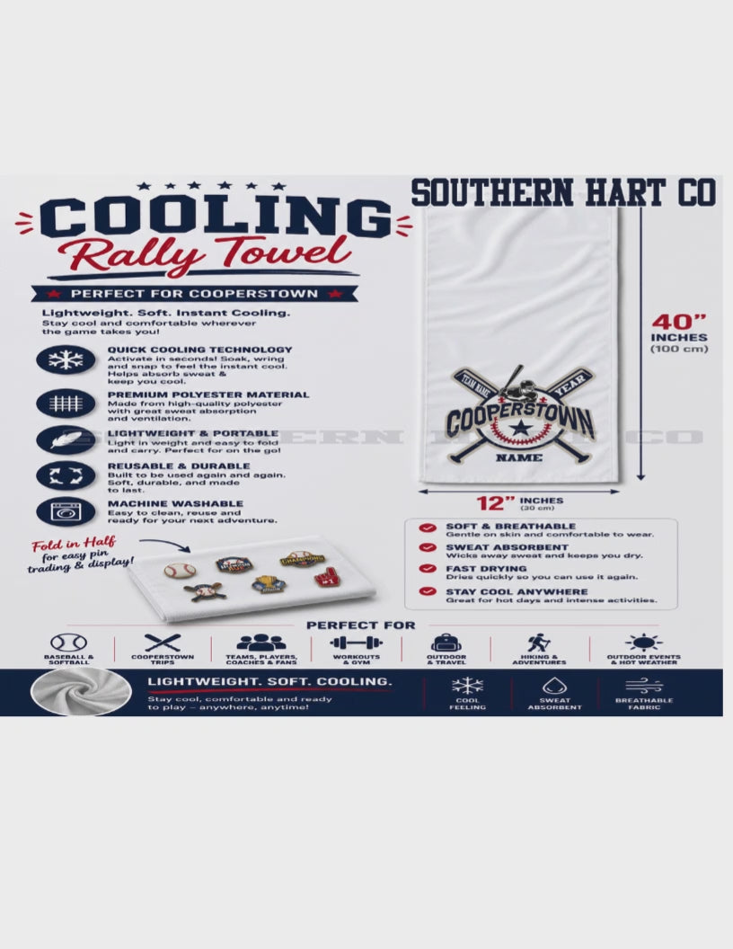 Cooperstown Cooling Towel |Cooperstown Pin  Towel |Personalized Baseball Tournament Towel