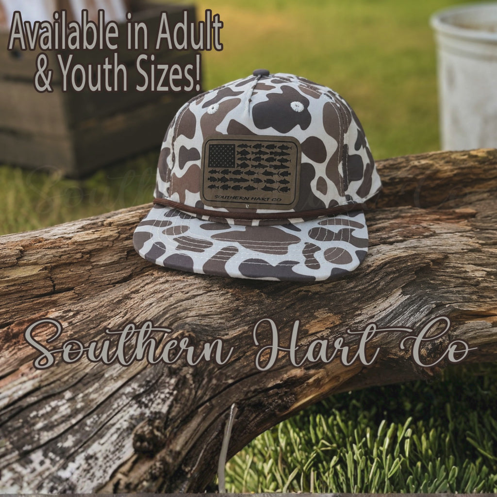 Duck Camo Fish Flag Patch Rope Hat | Rope Hat Style | Adult & Youth | Southern Fishing Hat | Custom Patch Hat